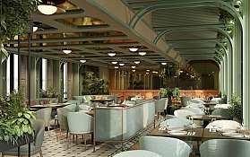 Elegantes Restaurantinterieur Modernes Restaurant mit Pflanzen und stilvollen Möbeln.